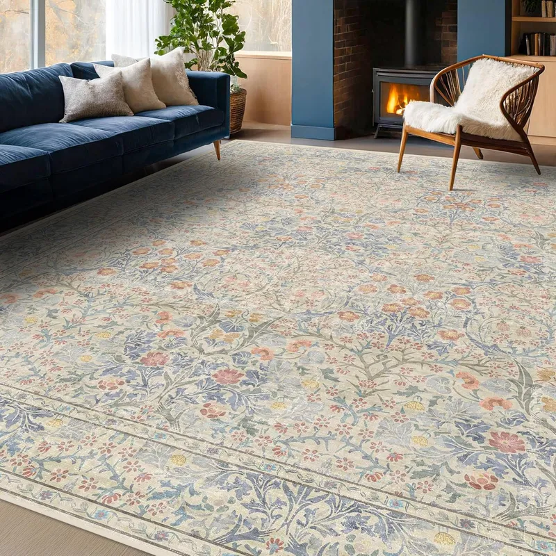 Hazo Haus Vintage Washable Beige Blue 10×12 Rug for Living Room